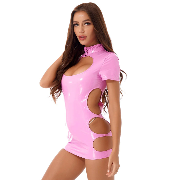 Ladies Exotic Dress Sexy Patent Leather Leotard Bare Breast Mini Dress Zipper Wet-Look Bodysuit Costume Clubwear Sleepwear Raves