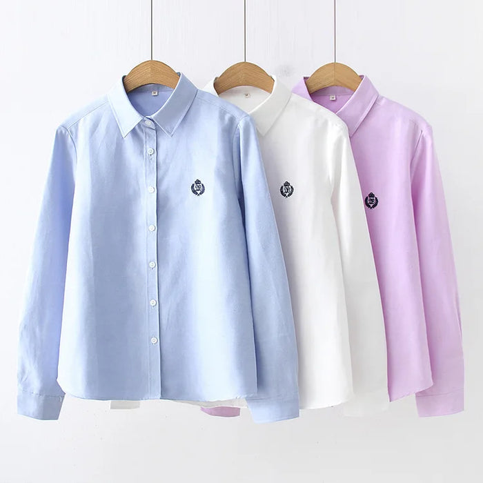 Blouses Woman 2021 Fashion Spring New Women Youth Simple Solid Color Embroidery Long Sleeve Shirt Cotton Casual Lady Blouse Tops