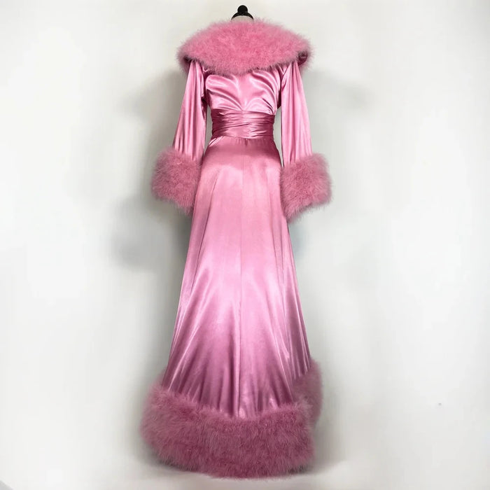 Women's Bathrobe Evening Dresses Feather Elastic Silk Pink Nightgown Pajamas Sleepwear Lingerie Women Occasions Gowns Housecoat