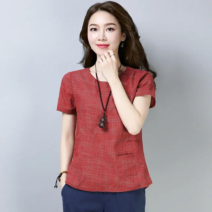 Women's Summer Blouses 2024 Vintage Linen Cotton Women Tops Blouses Short Sleeve Women Shirts Women Clothing Blusas 2127