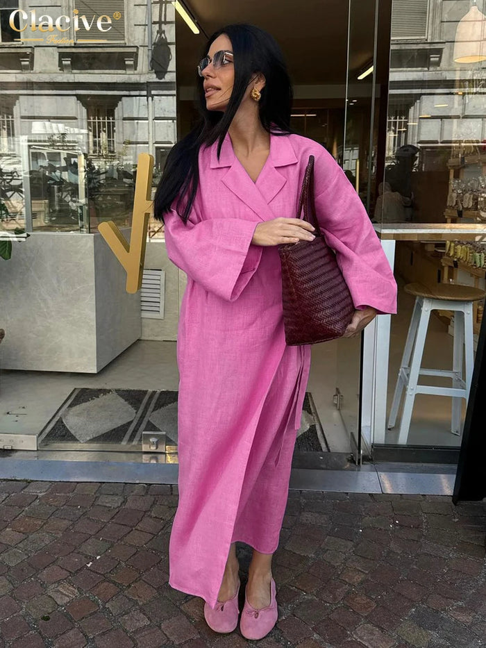 Clacive Casual Loose Pink Cotton Dress Ladies Fashion Lapel Long Sleeve Ankle Length Dress Elegant Lace-Up Dresses For Women