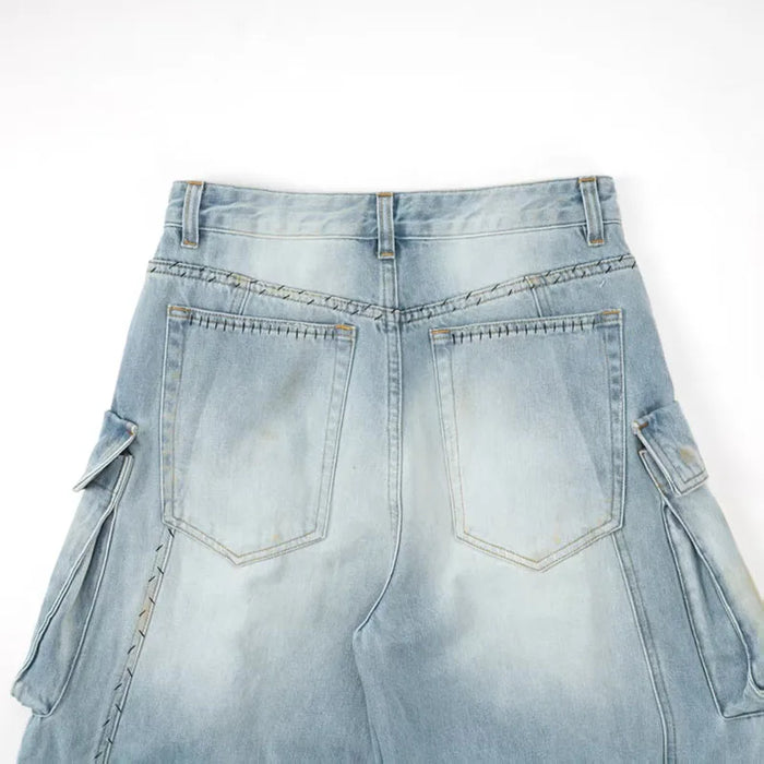 Women's jeans 2025 Winter new low waisted slim fit pure cotton wide leg pants Retro ripped cargo pants Multi pocket denim pants