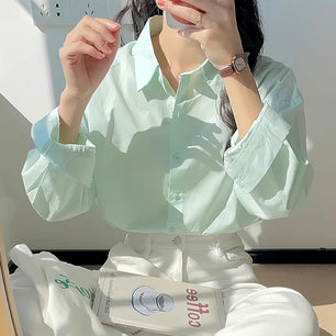 Women Cotton Blouses Solid Color Single Breasted Long Sleeve Shirt French Elegant Vintage Loose Comfortable Tops Female Clothes