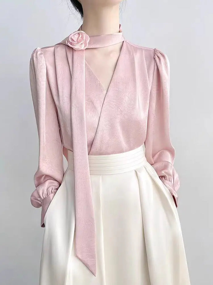 2025 New Ladies' Clothes French Elegance Rose Bow Long-Sleeve Blouse Women’s Chic Spring/Autumn Top Satin High Quality Clothing