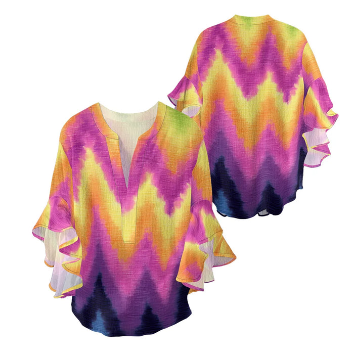 Women's Bohemian Style Blouse Light Blue White Gradient Color Print V-Neck Ruffled Bell Sleeve Chiffon Shirt for Summer Fashion
