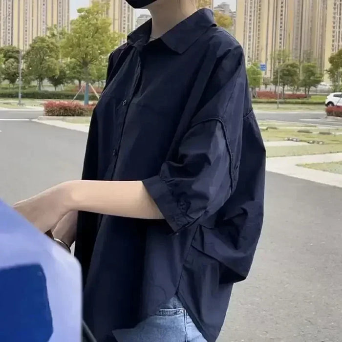Women Blouses Elegant Streetwear Office Casual Loose Button Up White Blue Long Sleeve Vintage Oversize Shirt Tops