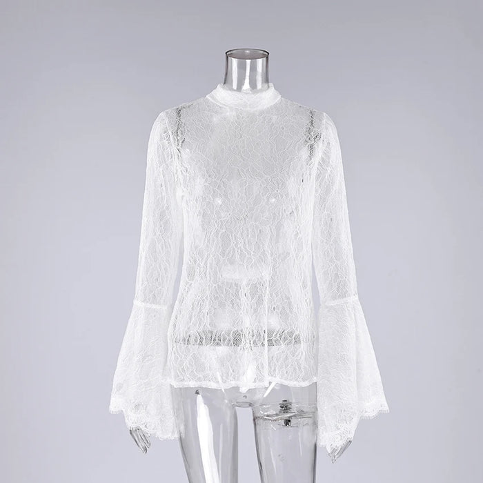 Linad Elegant White Embroidery Blouse Women Autumn Street Chic Sheer Stand Collar Shirt Female 2025 Sexy Flare Sleeve Ladies Top