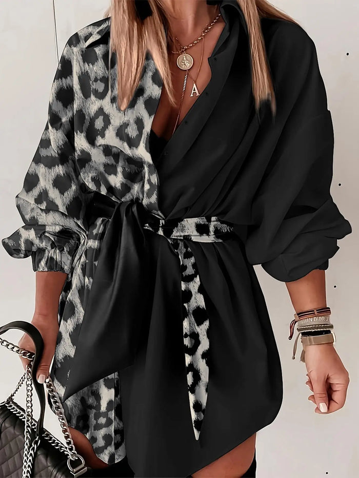 Ladies' Elegant Fashion Leopard Print Collar Shirt Dress Casual Long Sleeve Button Front Dress Women's Stylish Outfit