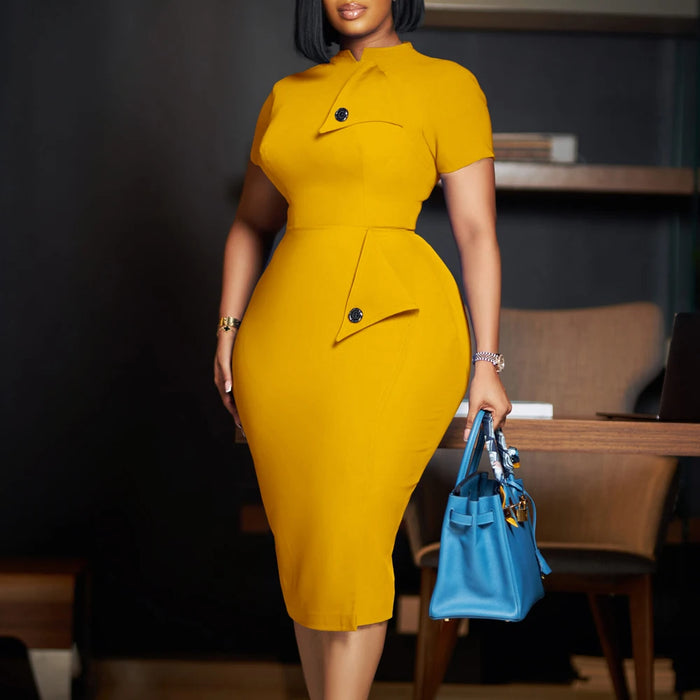 Ladies Choir Dresses 2024 for Church Summer Vintage Elegant Modest Mandarin-Collar Button Pocket Office Bodycon Midi Dress