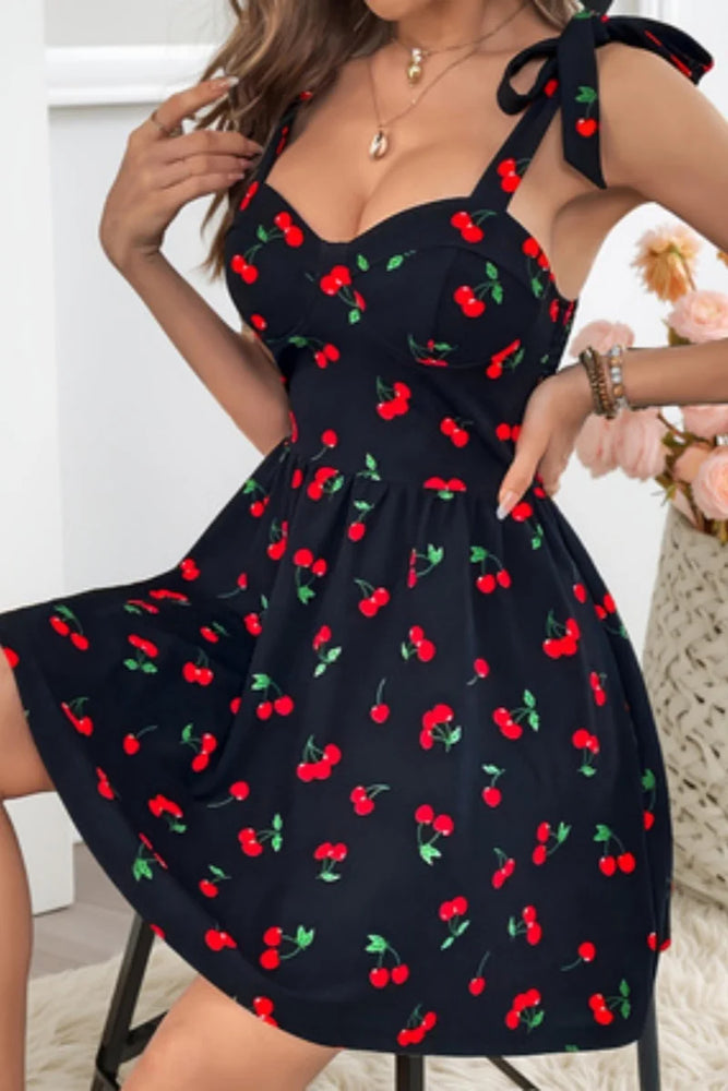Ladies' Fashion Strap Cherry Printed Dress