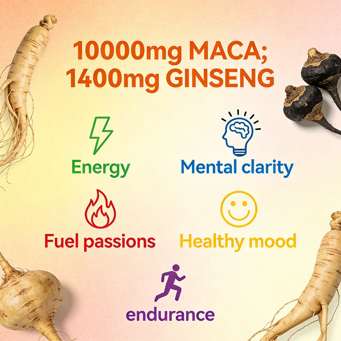 Maca Root Capsules with Ginseng - Promote Energy, Mood, Stamina & Performance Supports Mental Health for Men and Women