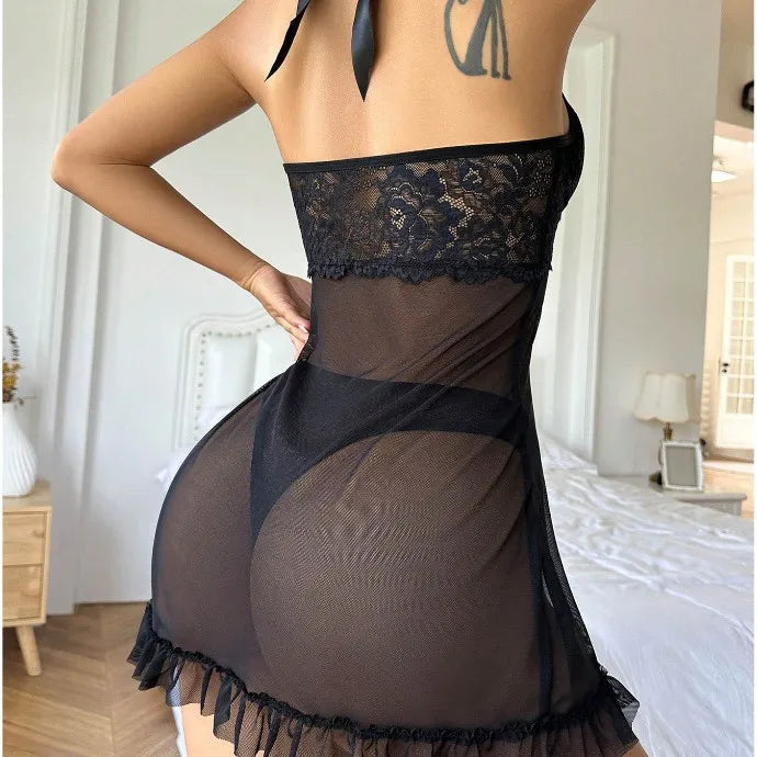 Adult erotic lingerie sexy mesh lace-spliced erotic lingerie see-through sexy nightgown see-through dress