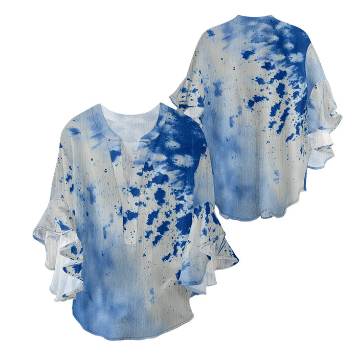 Women's Bohemian Style Blouse Light Blue White Gradient Color Print V-Neck Ruffled Bell Sleeve Chiffon Shirt for Summer Fashion
