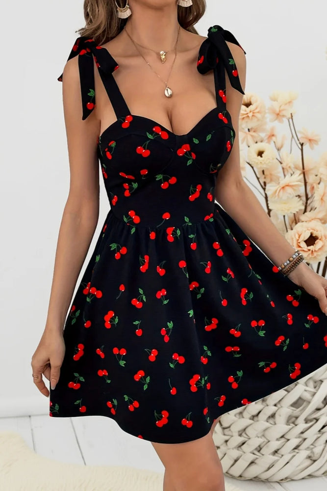 Ladies' Fashion Strap Cherry Printed Dress