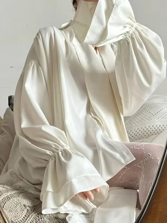 Womens Elegant Blouses & Shirts 2025 Spring Summer Solid Layered Flared Long Sleeves Female Chic Tied Tops Blouse