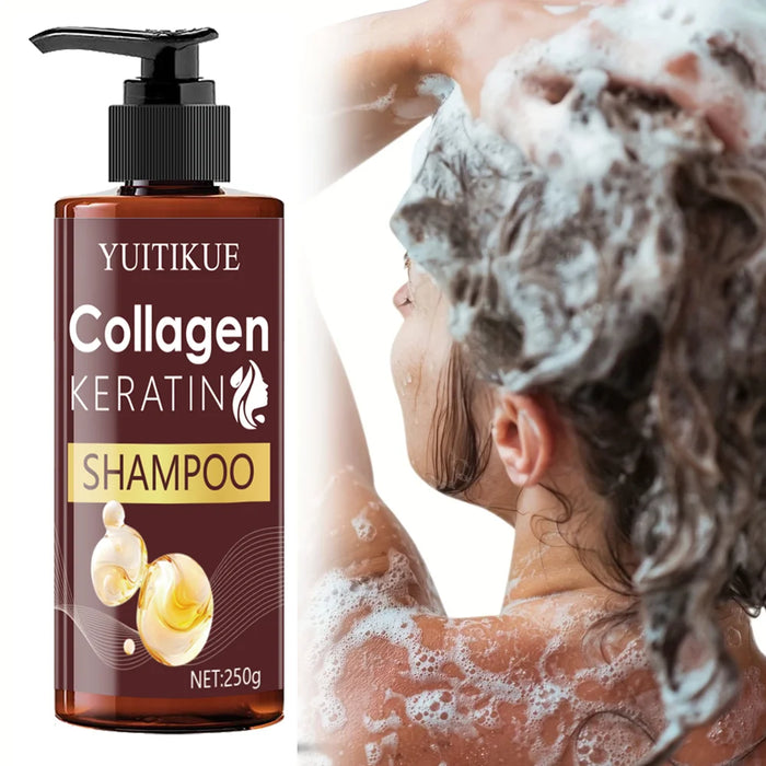 Collagen shampoo strengthens hair, repairs damaged and frizzy hair, makes hair more voluminous, and adds shine.