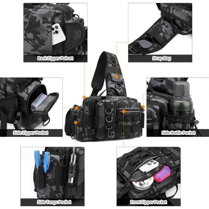 Fishing Backpack with Bait Box and Gear Storage Men's Outdoor Fishing Bag with Rod Support Sling Durable Waterproof Adjustable