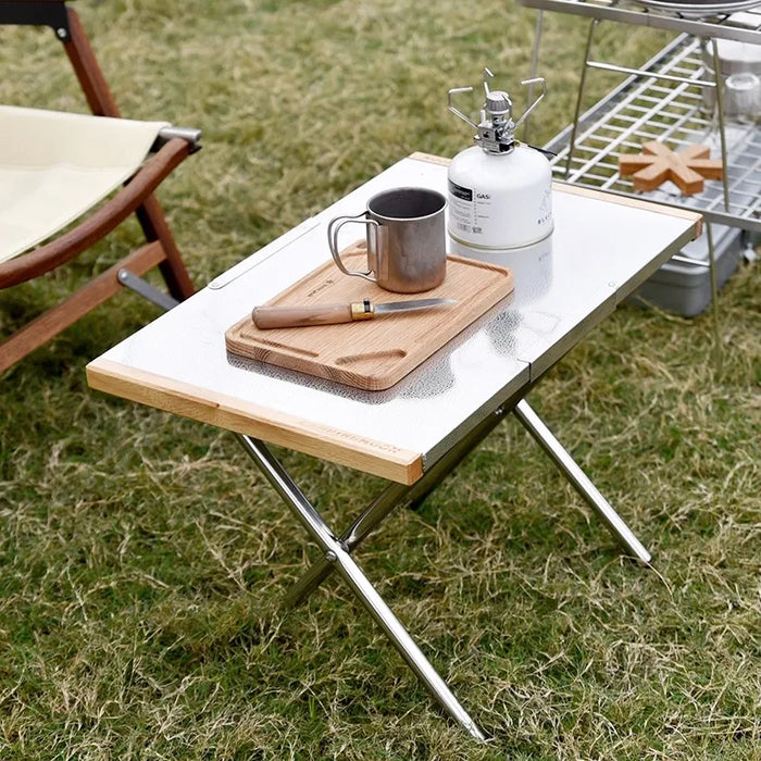 Portable Outdoor Camping Table with Storage Bag, Stainless Steel, Wooden Side, BBQ and Picnic