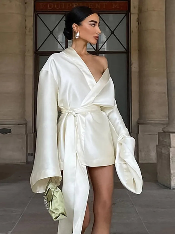 Elegant Lace Up Women Short Dresses Sexy Loose Beige Satin Long Sleeve Female Robe Vintage V-neck Ladies Outwear Party Evening