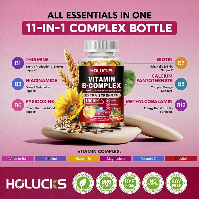 Vitamin B Complex Capsules (B12, B1, B2, B3, B5, B6, B7, B9, Folic Acid & Biotin) Reduce Stress & Supports Better Moods