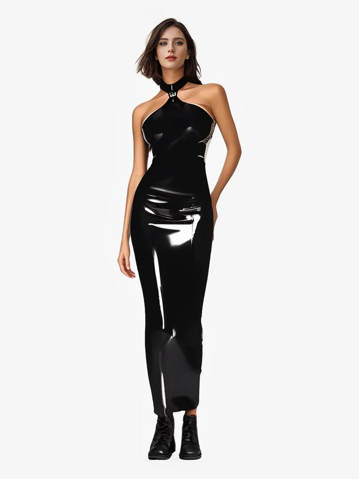 Ladies' oversized shiny faux leather dress, elegant sleeveless backless party dress