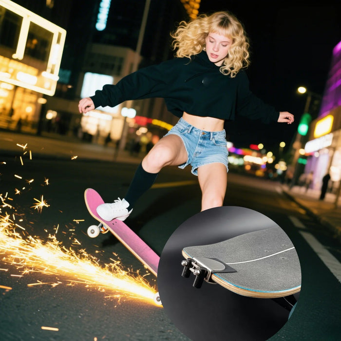 Fun Skateboard Party Accessories and Shooting Props, Including a Longboard Double Kick Skateboard, Spark Igniter, Easy-To-Install No-Drill Skateboard Spark Slider Device, Perfect for Skateboard Enthusiasts, Ideal for Nighttim