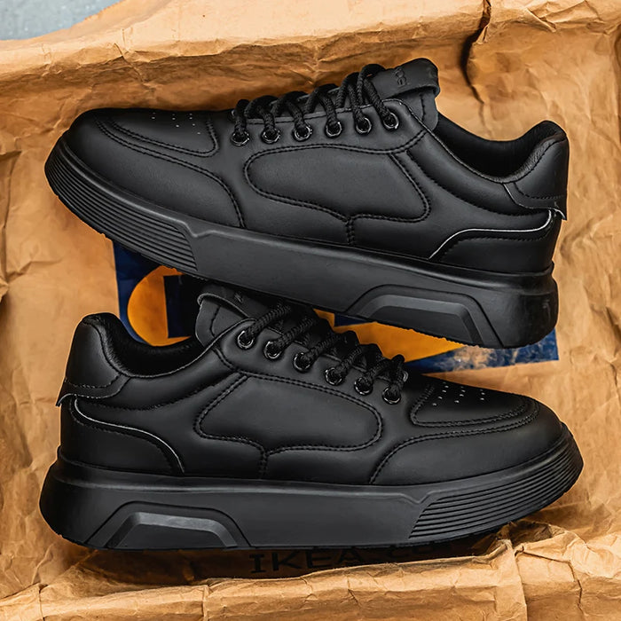 Men's Simple Preppy Style Black Leather Spliced Front Strap Skateboard Shoes, Outdoor Casual, Comfortable and Versatile Sports S