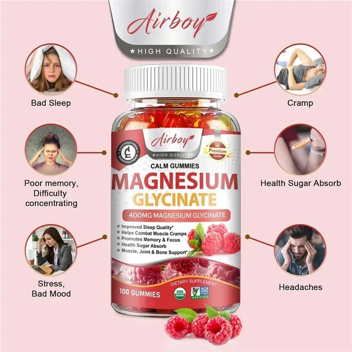 Magnesium Glycinate Gummies - Reduces Stress and Anxiety, Improve Sleep Quality, Support Memory, Concentration & Muscle Spasms