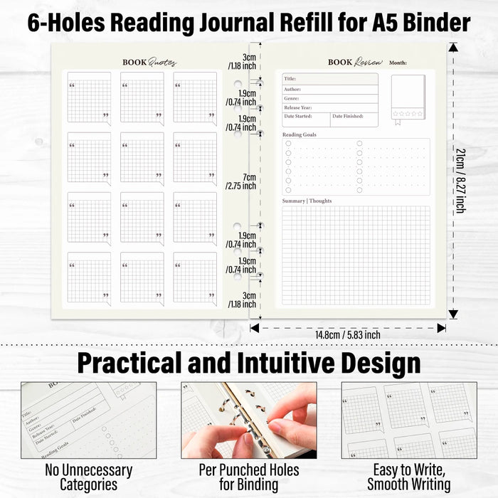 A5 Reading Journal Refill Paper, 6 Holes Binder Insert Pages for Book Log Review, Reading Planner Supplies, Gift for Book Lovers