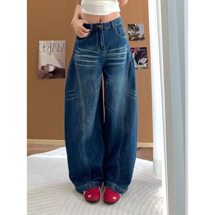 Women High Waisted Wide Leg Jeans Korean Retro Y2K Blue Casual Loose Floor Bending Knife Pants High Street Fashion New Trousers
