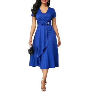 Ladies Cocktail Party Dress Casual V-neck Short Sleeved Lace Up Waist Dress Ladies Asymmetric Wide Hem Dress Evening Party dress