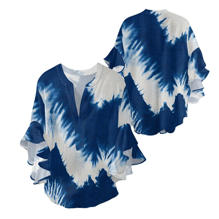 Women's Bohemian Style Blouse Light Blue White Gradient Color Print V-Neck Ruffled Bell Sleeve Chiffon Shirt for Summer Fashion