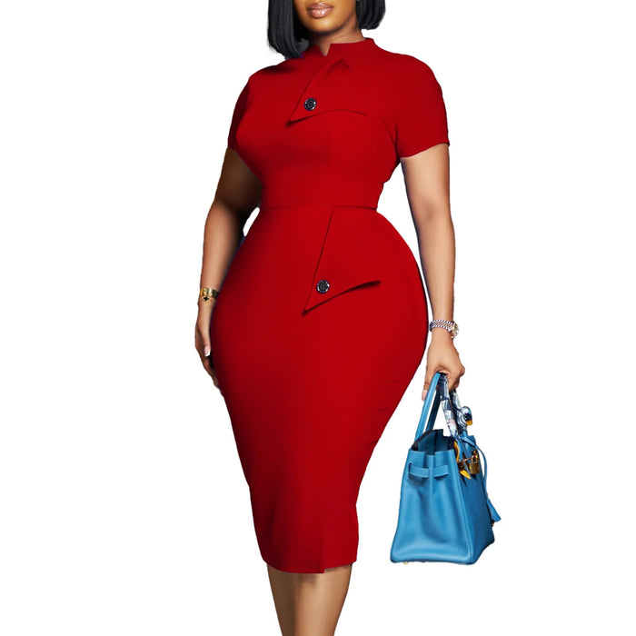 Ladies Choir Dresses 2024 for Church Summer Vintage Elegant Modest Mandarin-Collar Button Pocket Office Bodycon Midi Dress
