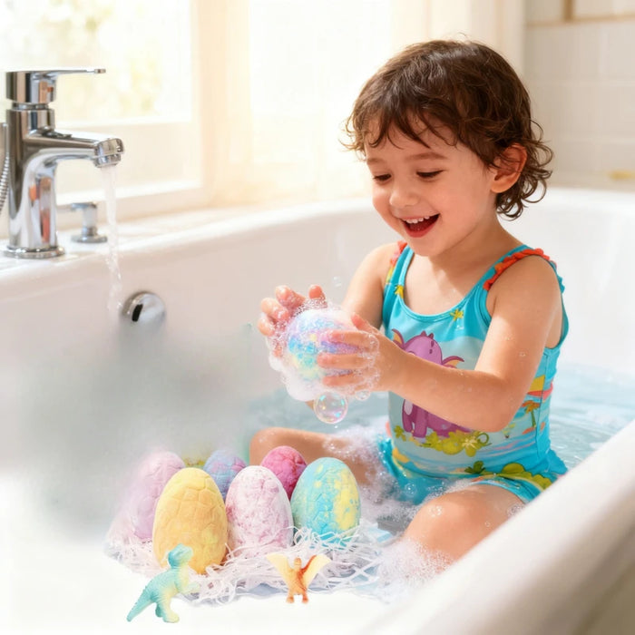 Dino Egg Spa Surprise Bath Bombs for Kids - Gentle Exfoliation, Deep Moisture & Skin Nourishment w/ Random Dino Toy，Handmade