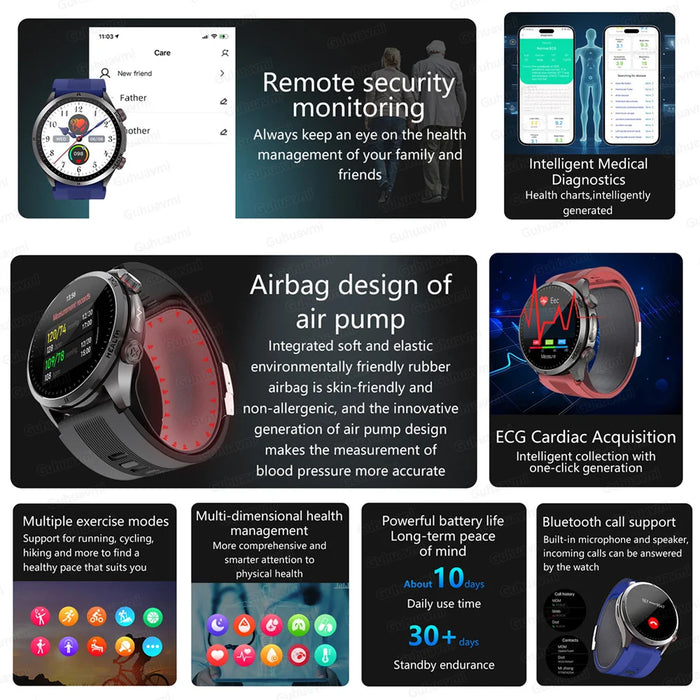 2025 Health Smart Watch NFC ECG Air Pump Blood Pressure Blood oxygen ECG+PPG Bluetooth Call NFC SmartWatch For Men Women Airbag