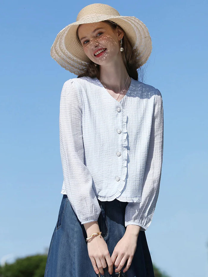 I BELIEVE YOU Women's Blouse Elegant Shirt Blue Color French Ruffled Trim V Neck Top Love Button Long Sleeves Blouse 2241055556