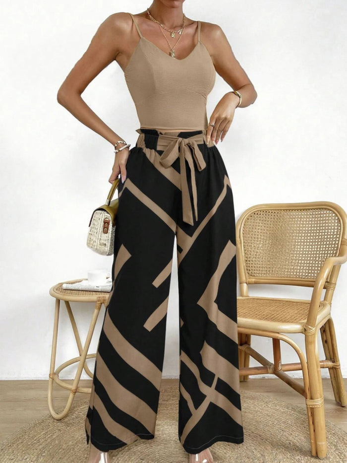 Ladies' Elegant Two-Piece Set: Solid Color Camisole and Printed Sash Wide-Leg Pants Set