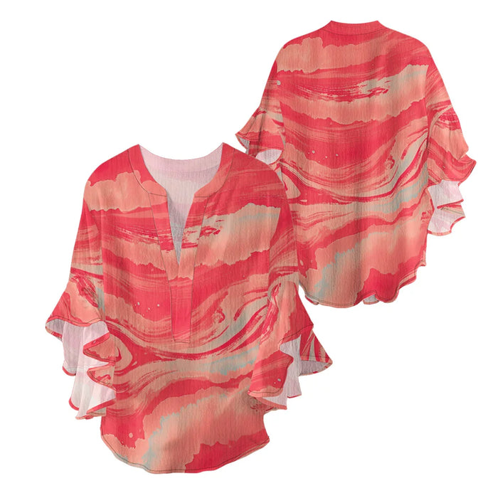 Women's Bohemian Style Blouse Light Blue White Gradient Color Print V-Neck Ruffled Bell Sleeve Chiffon Shirt for Summer Fashion