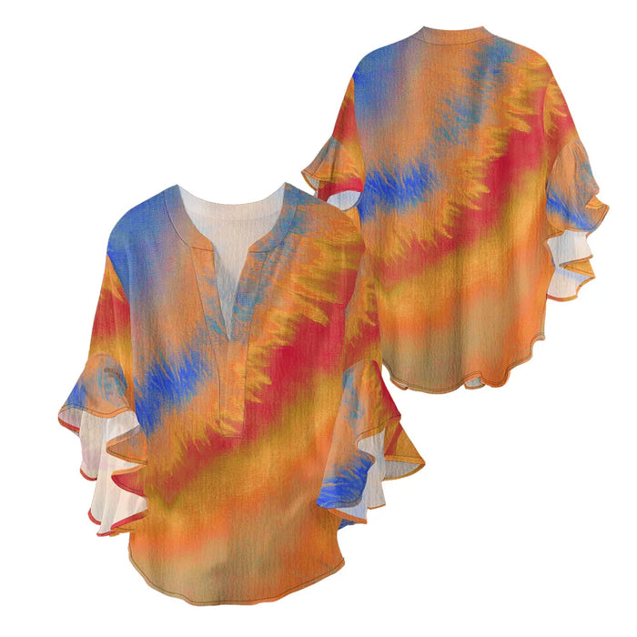 Women's Bohemian Style Blouse Light Blue White Gradient Color Print V-Neck Ruffled Bell Sleeve Chiffon Shirt for Summer Fashion