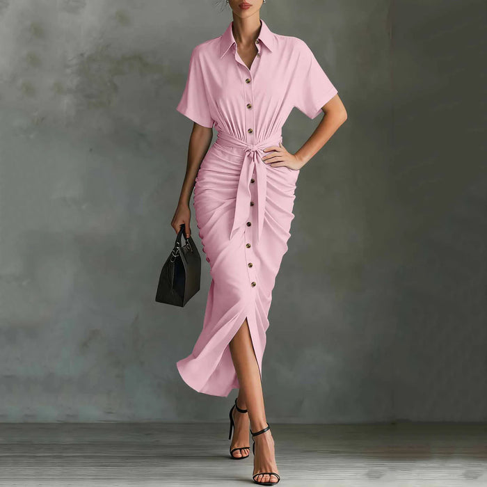 Lady Elegant A Line Dress Daily Business Style Ruffled Dress Single Breasted Short Sleeve Solid Color Cozy Lapel Women Dress