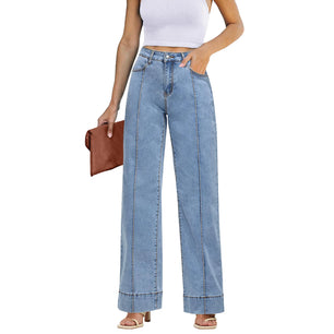 Women Popular High Waist Jeans Casual Simple Wide Leg Straight Denim Pants With Button Lady Daily Elegant Superior Trousers