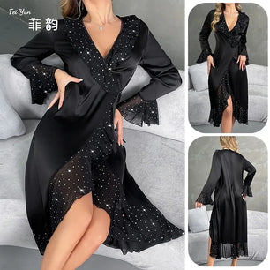 Ladies New Fashion V-neck Long-sleeved Sequined Pajamas Female Satin Nightgown Home Clothes Pijamas Women