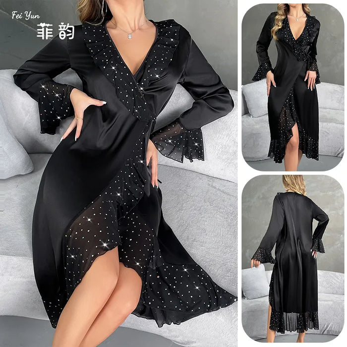 Ladies New Fashion V-neck Long-sleeved Sequined Pajamas Female Satin Nightgown Home Clothes Pijamas Women