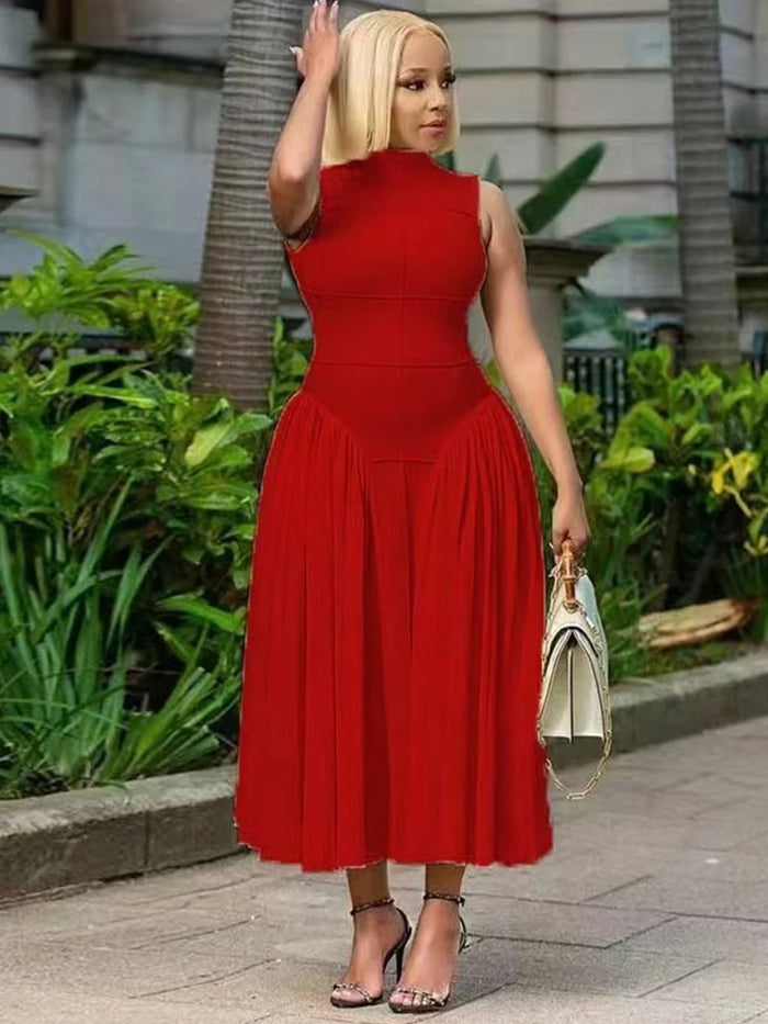 Sleeveless Dresses for Women Pleated Casual Dress Corset Waist Elegant Fashion Ladies Summer Dresses Wholesale Dropshipping