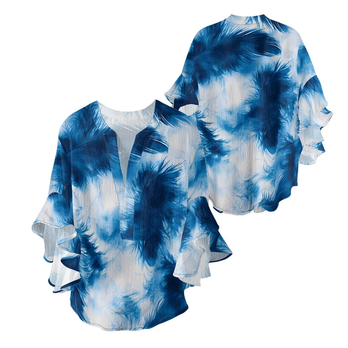 Women's Bohemian Style Blouse Light Blue White Gradient Color Print V-Neck Ruffled Bell Sleeve Chiffon Shirt for Summer Fashion