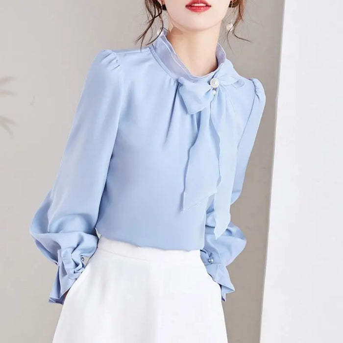 Women's Clothing Commute Stand Collar Bow Blouse Basic Solid Color Spring New Fashion Three-dimensional Decoration Ruffles Shirt