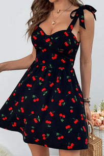 Ladies' Fashion Strap Cherry Printed Dress