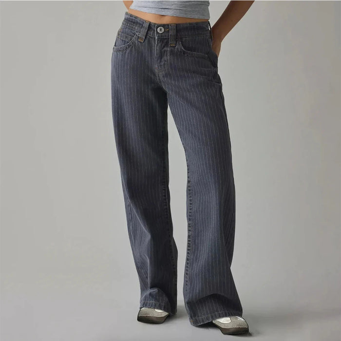 Women Mid Waist Jeans Spring Autumn Daily Matching Comfy Loose Wide Leg Trousers Fashion Stripe Straight Leg Denim Fabric Pants