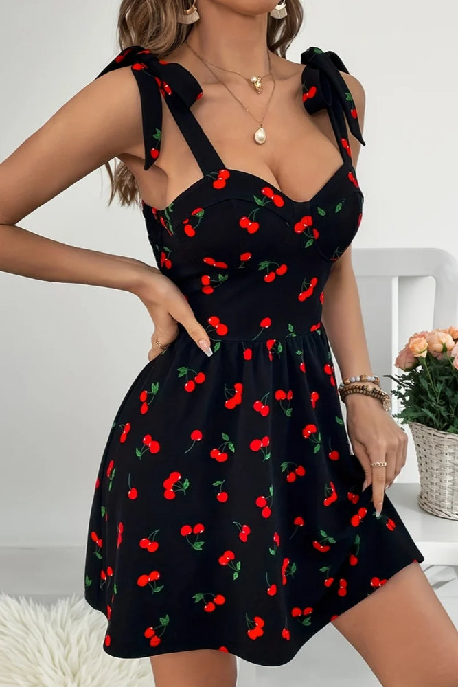 Ladies' Fashion Strap Cherry Printed Dress