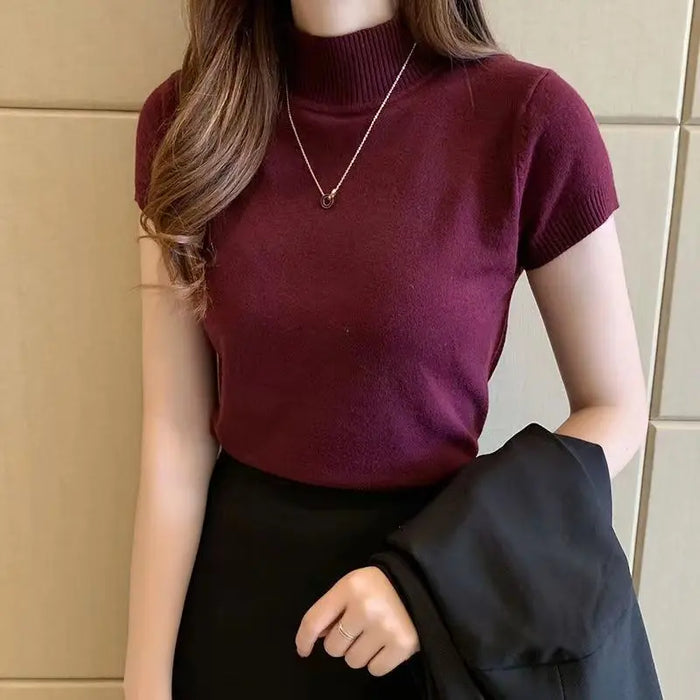 Womens Tops And Blouses Summer Short Sleeve Blouse Women Blusas Mujer De Moda 2023 Turtleneck Knitted Blouse Shirt Tops
